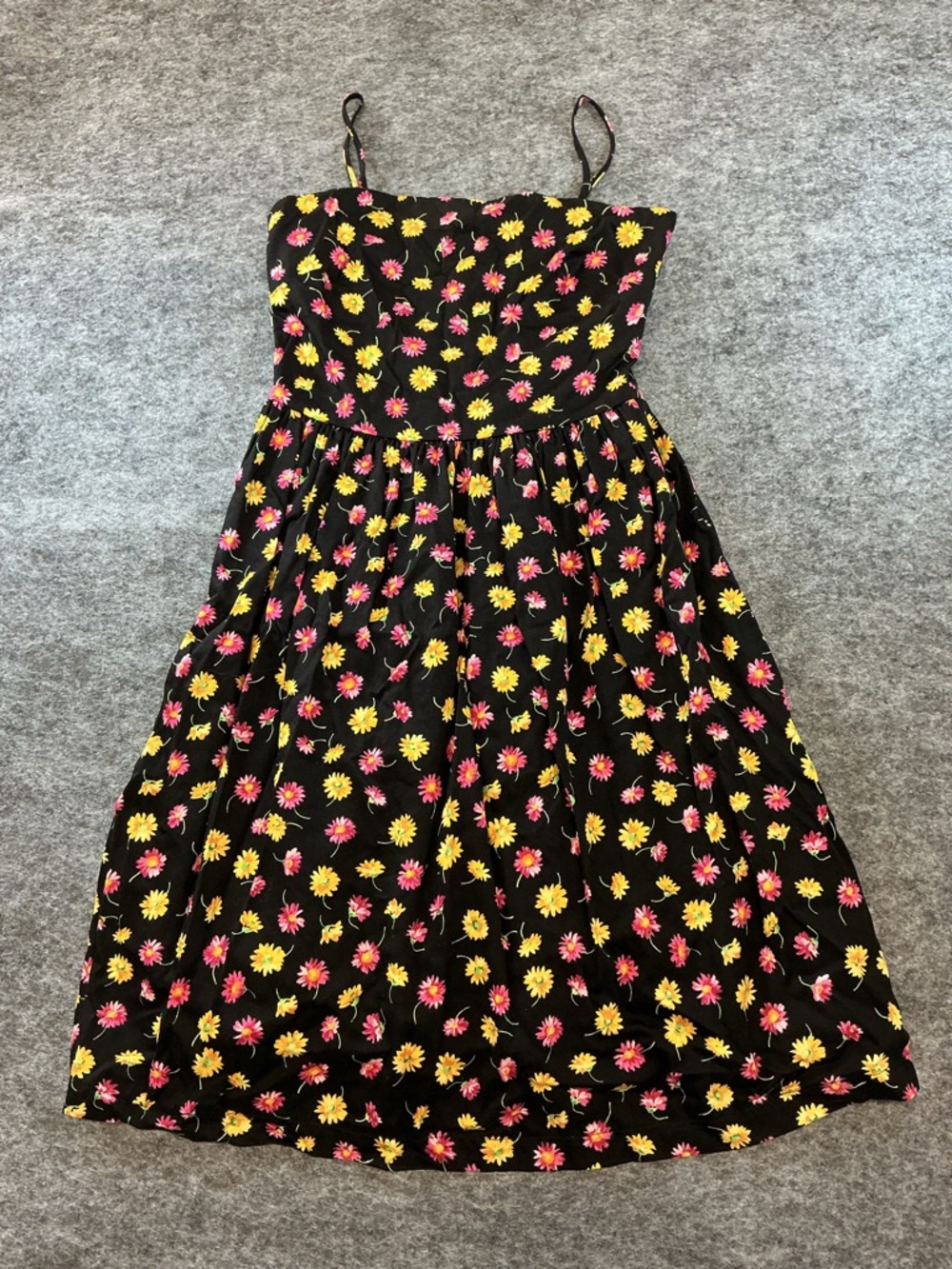 Joan & Lucy Black Pink Yellow Daisy Floral Spaghetti Strap Retro Dress A11